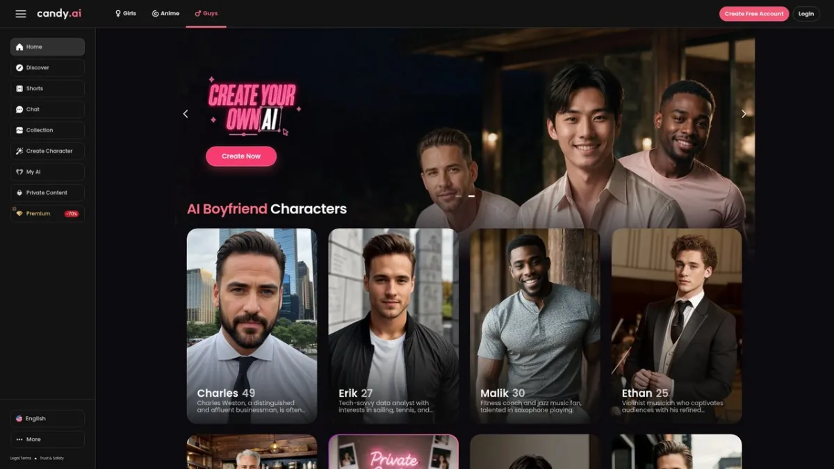 Candy AI’s public male character selection; this is not a conversational test.