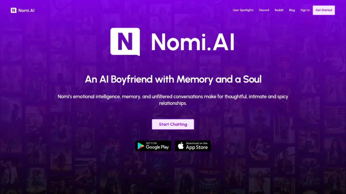 Nomi’s public AI boyfriend page with male character examples.