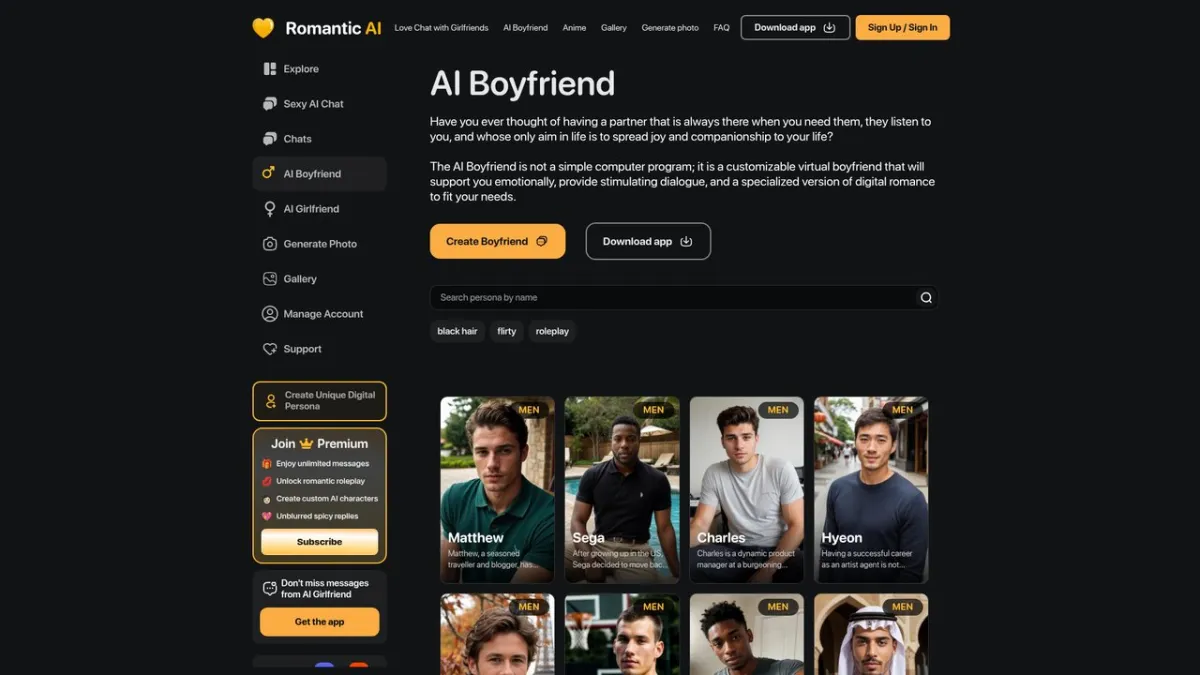 Romantic AI’s public boyfriend character gallery.