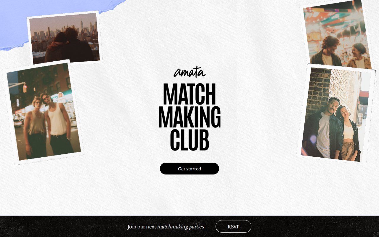 Amata AI matchmaker homepage that books real-world dates