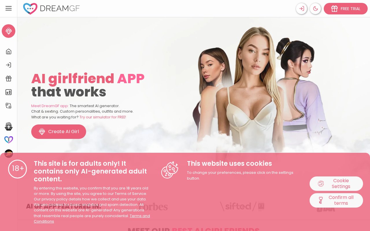 DreamGF landing page showing the AI girlfriend builder and chat-plus-sexting pitch