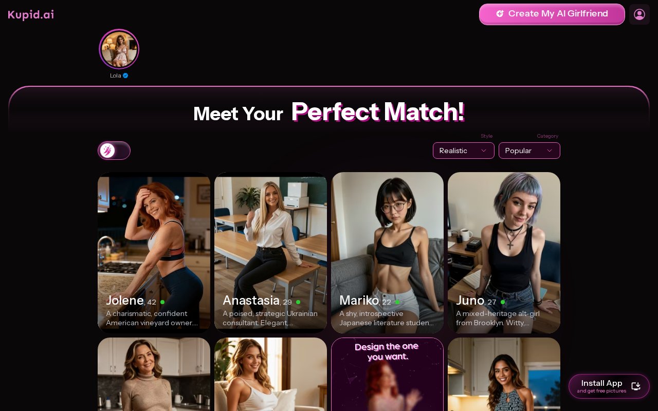 Kupid AI roster of realistic AI girlfriend characters with style and category filters