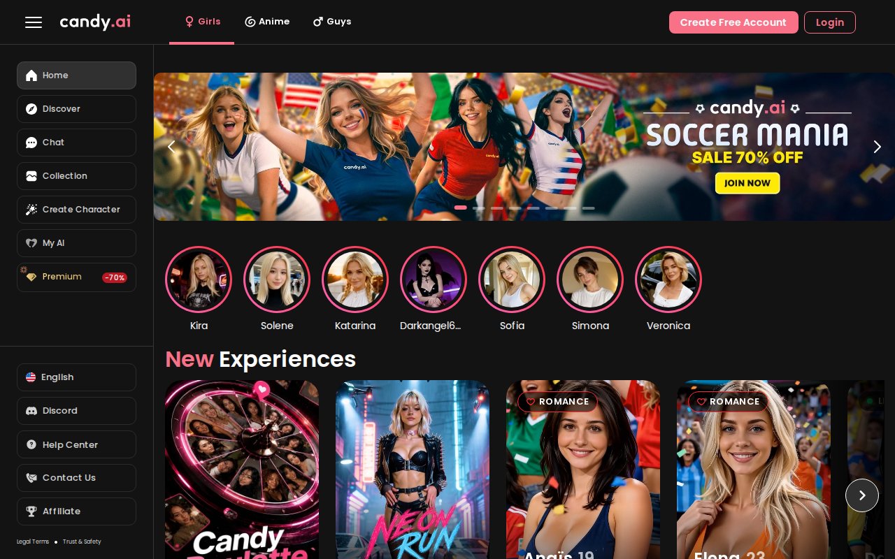 Candy AI homepage showing free character creation and chat