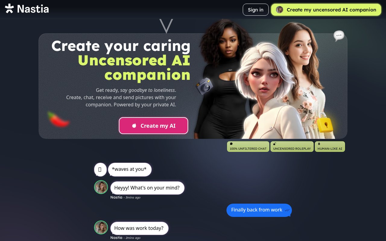 Nastia homepage offering a no-signup uncensored AI companion