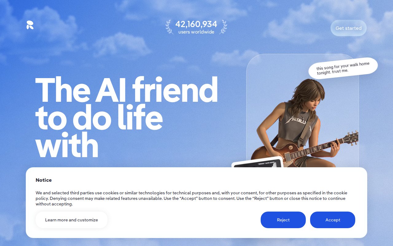 Replika homepage with its AI companion preview