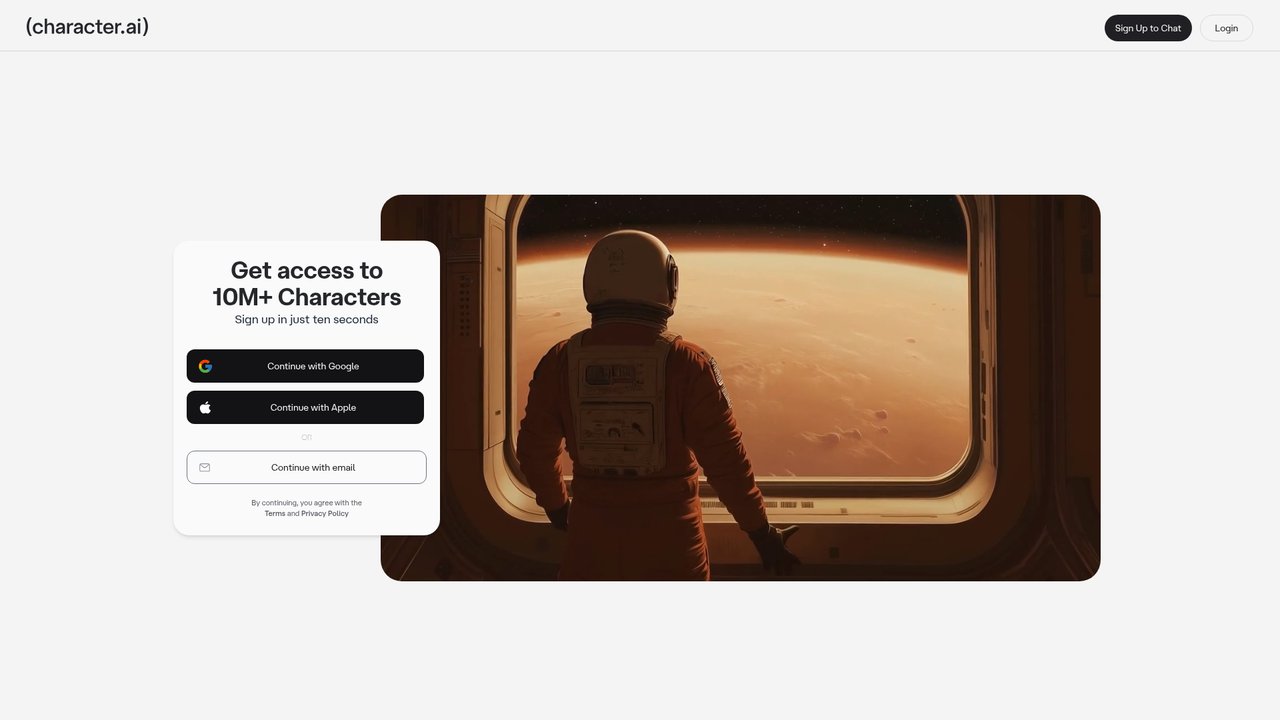 Character.AI landing page with sign-up and 10M+ character access