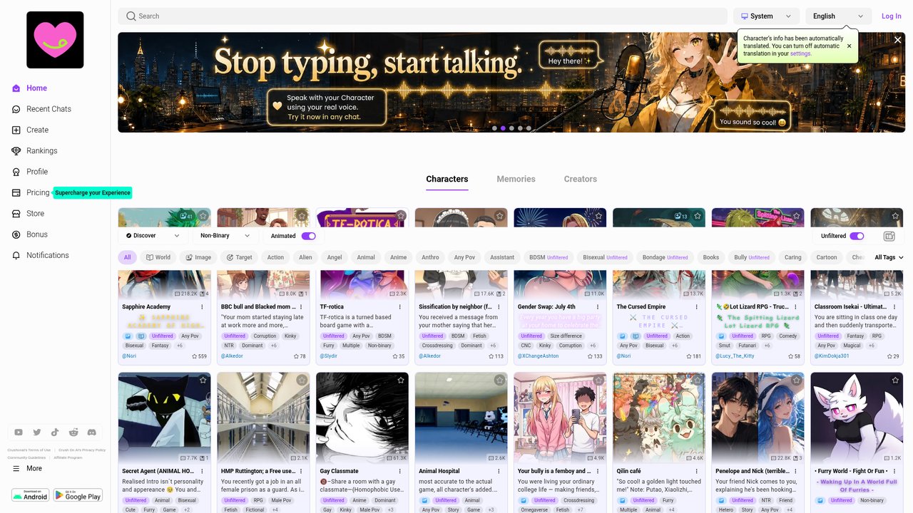 CrushOn AI character library and roleplay grid