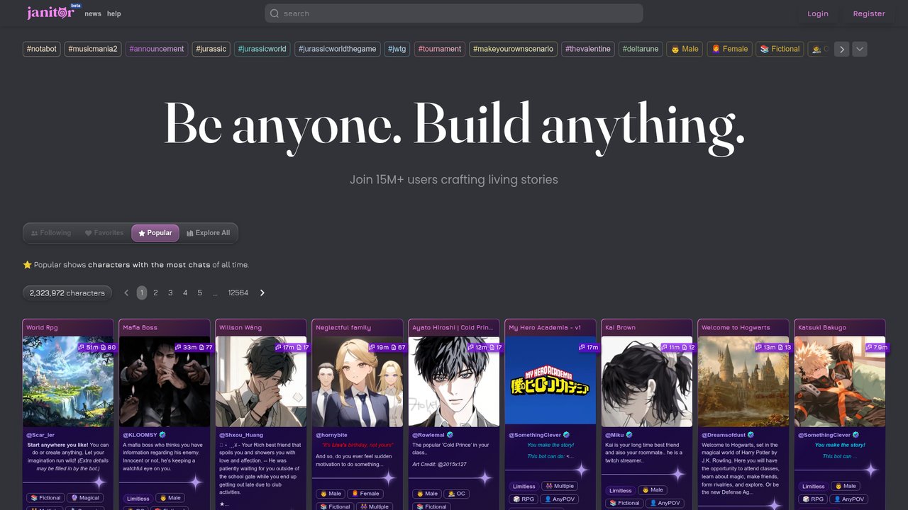 Janitor AI homepage with roleplay character cards