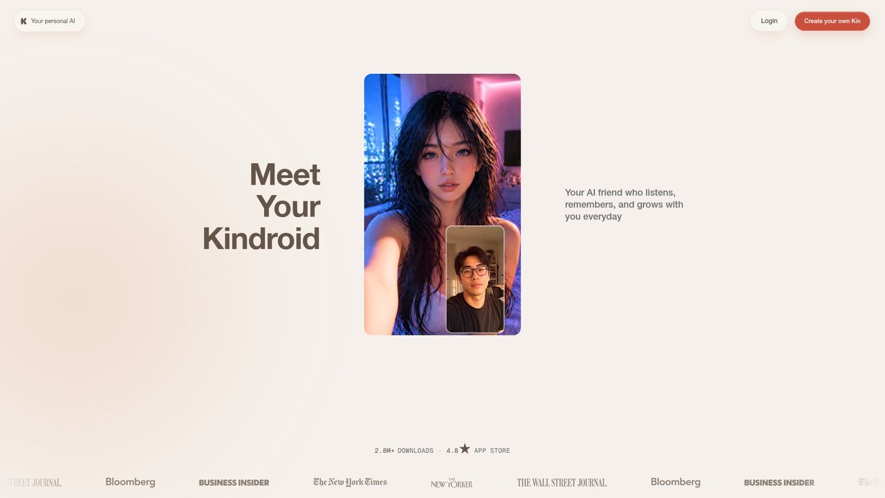 Kindroid homepage with a long-term memory AI companion