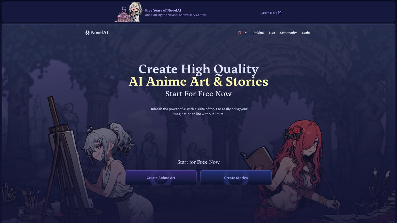 NovelAI homepage for AI anime art and story writing