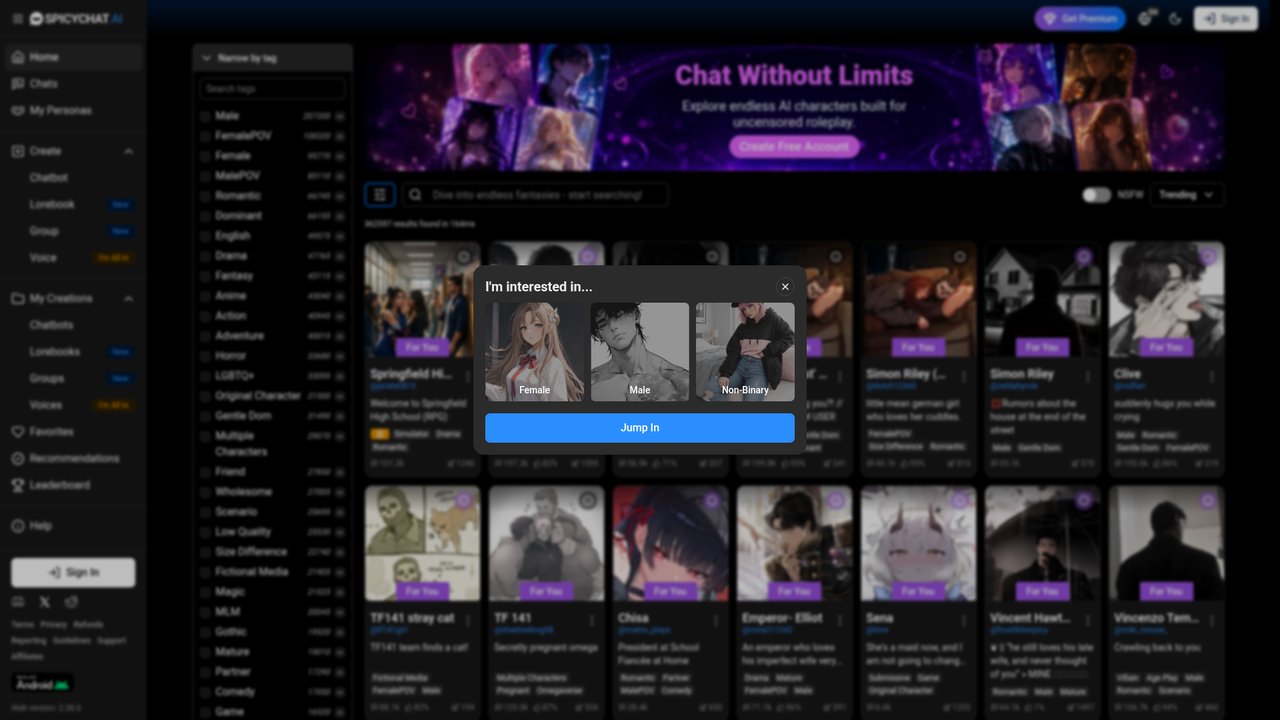 SpicyChat AI homepage with uncensored roleplay character library