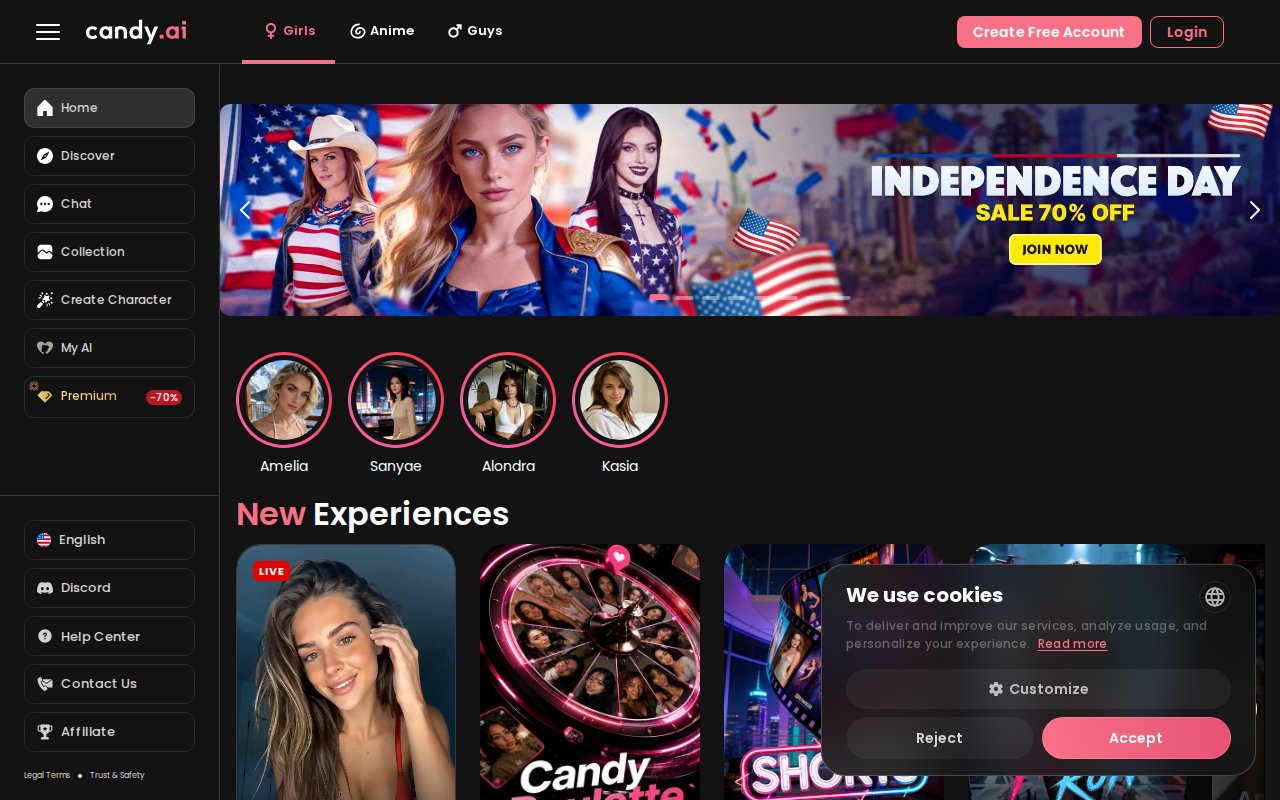 Candy AI homepage showing selectable AI girlfriend characters