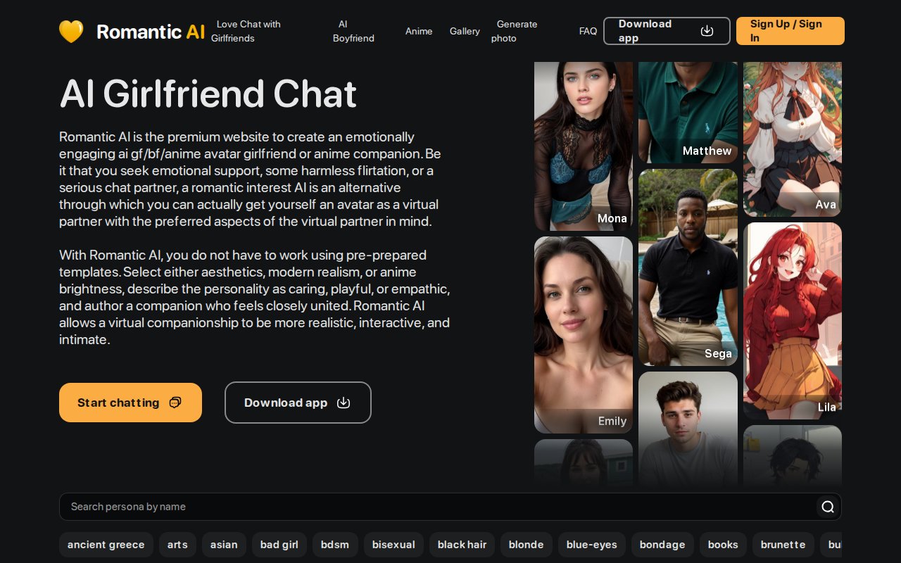 Romantic AI setup screen for choosing a companion's personality