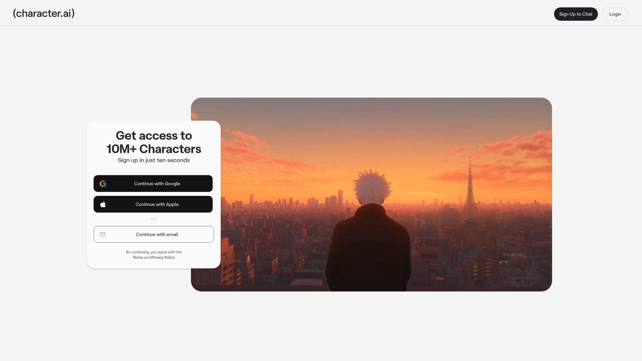 Character AI landing page with sign-up options and character library