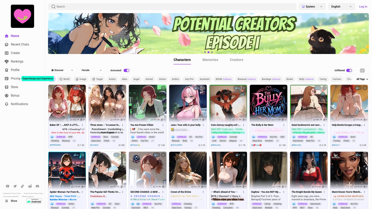CrushOn AI character library with unfiltered roleplay tags