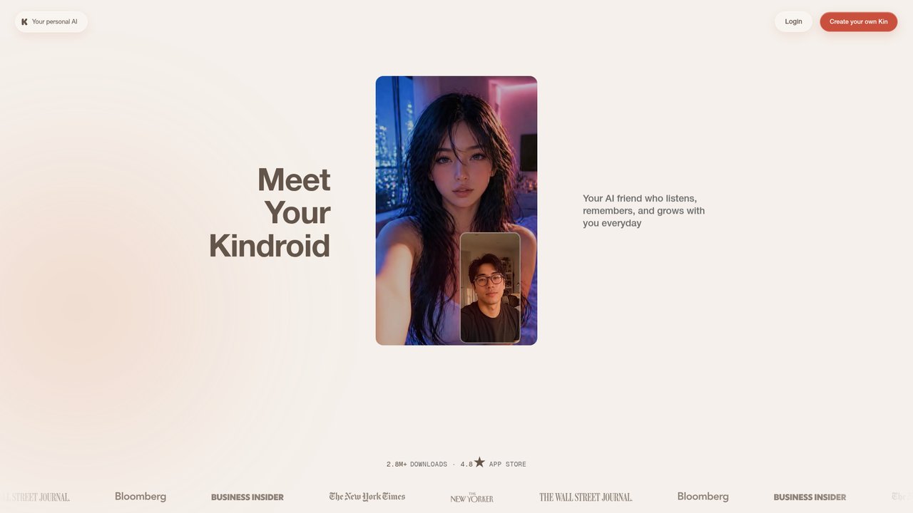 Kindroid landing page introducing a personal AI companion