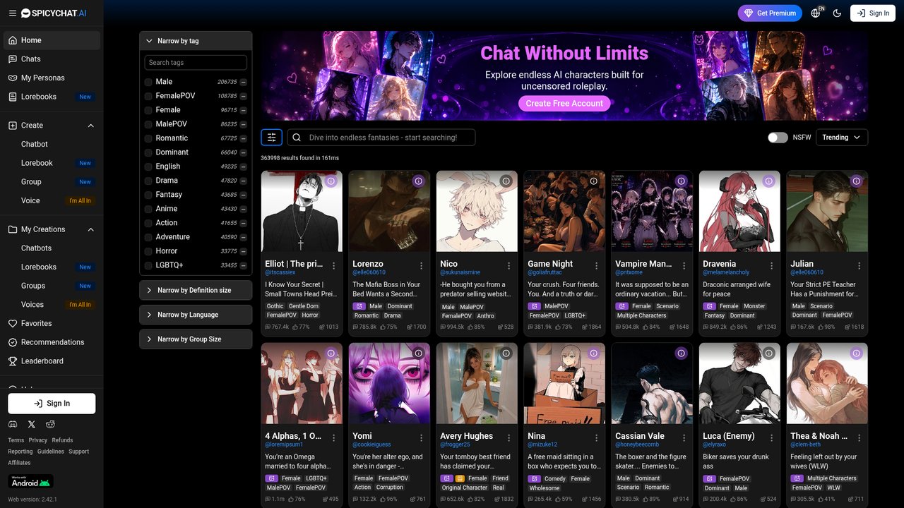 SpicyChat AI home page with uncensored roleplay character grid